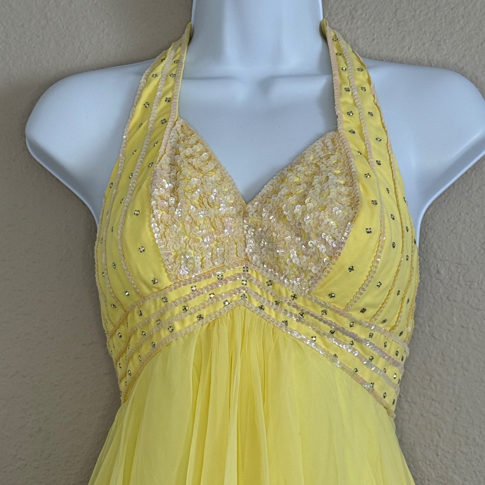 Vintage Womens 6 Butter Yellow Fairy Regency Babydoll Halter Prom Dress Ethereal - Picture 3 of 13